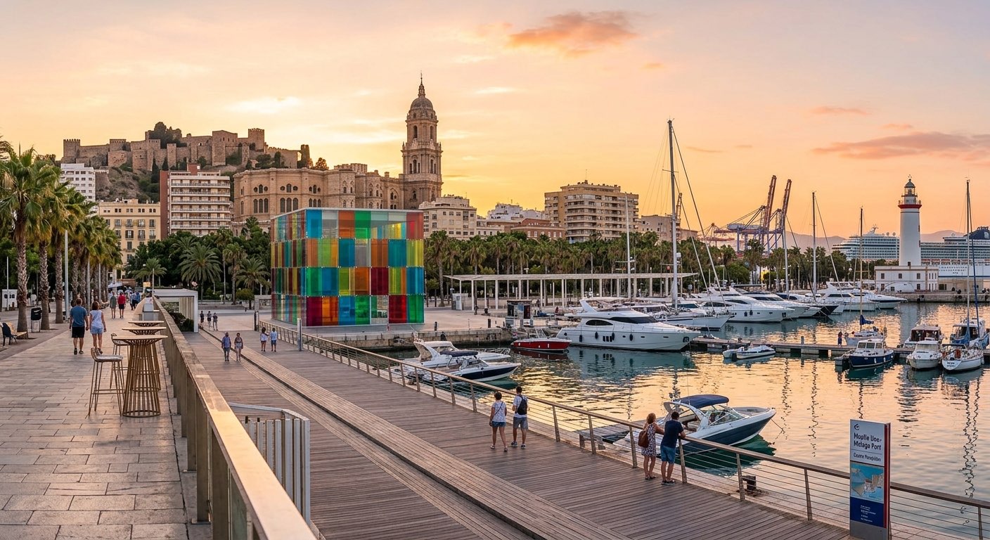 Paseo del muelle de Málaga al atardecer, con el Centre Pompidou y la Alcazaba al fondo