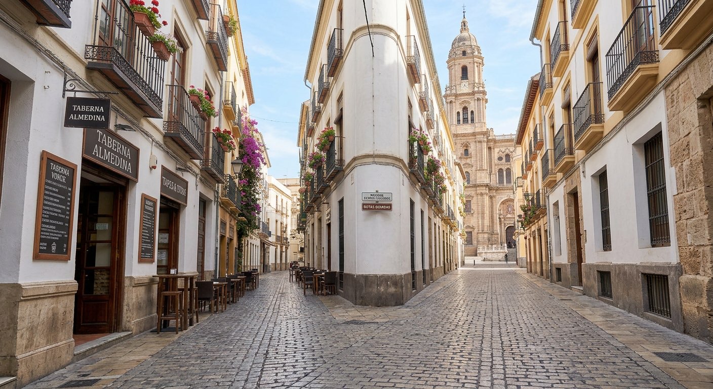 Rue pavée de la vieille ville de Málaga avec la tour de la cathédrale au fond